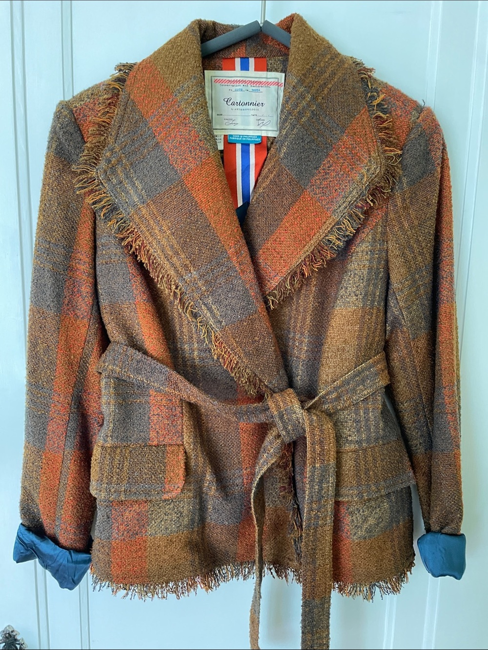 Cartonnier Plaid Fringe Belted Blazer in Rust and Brown